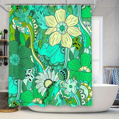Künstlerisches Blumiges Duschvorhang-Set Grün Gelb Polyesterstoff Wasserdicht Badezimmer Dekoration für den Heimgebrauch.