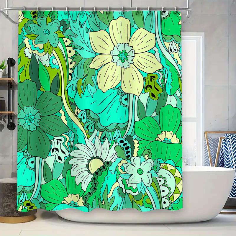 

Artistic Floral Shower Curtain Set Green Yellow Polyester Fabric Waterproof Bath Decor for Home Use. 90x180cm