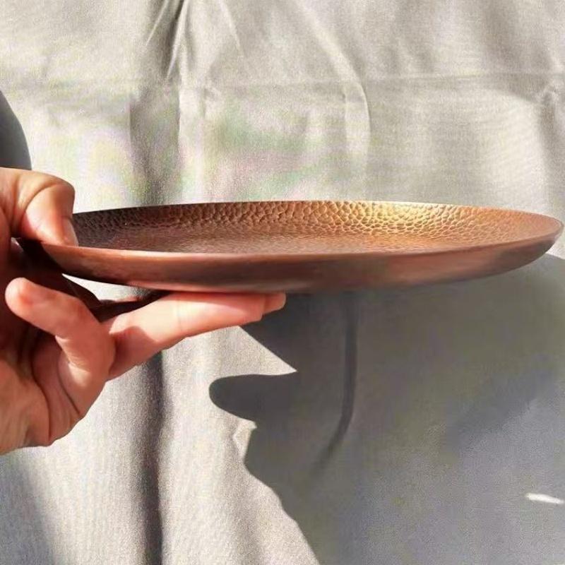 Round Shape Red Copper Cheese Tray,Retro Engraving Hammer Texture Home Portable Food Plate,Snack Fruit Disc Table Decorationk