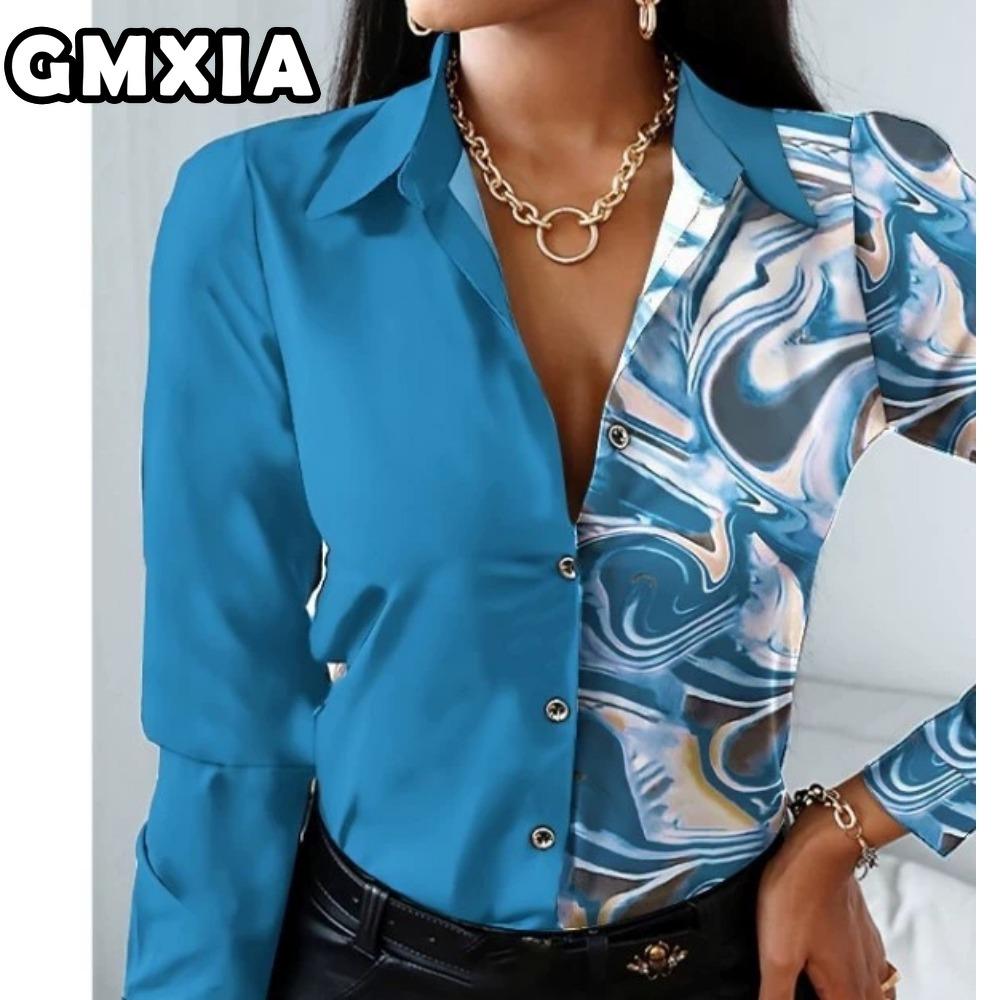 GMXIA Damenmode Lässig Freizeit Einfarbig Druck Langarm POLO Kragen Blusen & Hemden
