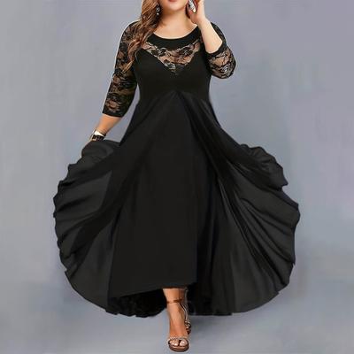 Fall Spring Women Dress See-through Hollow Out Lace Flower Embroidery Three Quarter Sleeve Double Layers Roud Neck Big Swing Plus Size High
