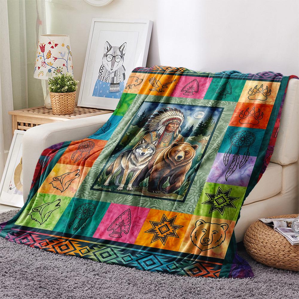 1Pc Indian Chief Elephant Print Flannel Blanket High Quality Warm Comfortable Cover for All Seasons Perfect for Gifts Home Decor