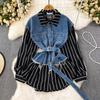 Korean Retro Women Denim Vest Shirt Spring Autumn Casual Loose Irregular Stitching Striped Fake Two