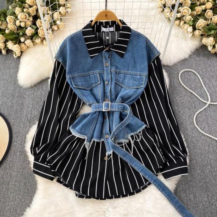 Korean Retro Women Denim Vest Shirt Spring Autumn Casual Loose Irregular Stitching Striped Fake Two