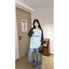 Large Size Korean Contrasting Color Shoulder Plugs Long-sleeved T-shirt Women's Spring and Autumn New Round Neck Lazy Style Casual Loose Top