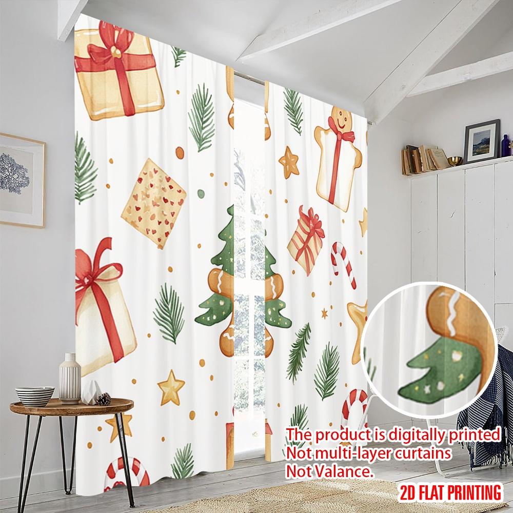 2pcs,2D Plane Printing Curtains Roller Blinds Christmas Tree Gifts Gingerbread Candy 100% Polyester (without Rod) Home Decor for