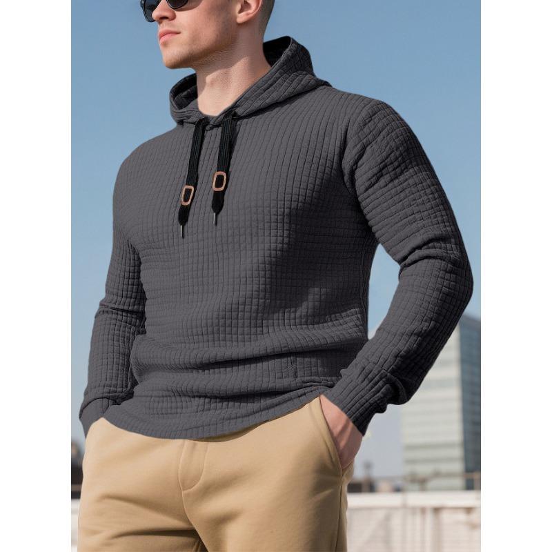 Mens Waffle Knit Hooded Sweatshirt Casual Loose Pullover Long Sleeve