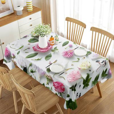 Floral Tablecloth Pink Flowers Green Leaves Pattern Rectangle Table Cover for Kitchen Living Room Coffee Table Party Decoration