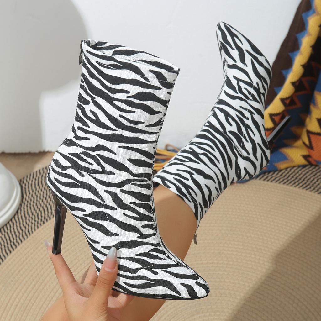 Designer Women's Pointed Toe Stiletto Ankle Boots Fashion Leopard Print Women High Heel Suede Side Zipper Boots Plus Size 42