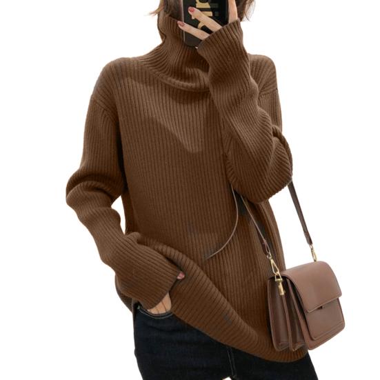 Frauen Herbst Winter Einfarbig Pullover Rollkragen Langarm Rippen Gestrickte Pullover Tops Lose Fit Strickwaren