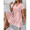 Summer Womens Short Sleeve Cotton Linen Mini Dress Ladies Pleated Ruffle Solid Dresses Casual V Neck Vintage Loose Vestidos