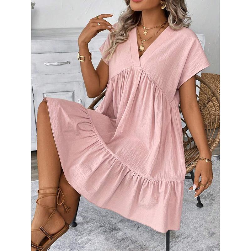 Summer Womens Short Sleeve Cotton Linen Mini Dress Ladies Pleated Ruffle Solid Dresses Casual V Neck Vintage Loose Vestidos