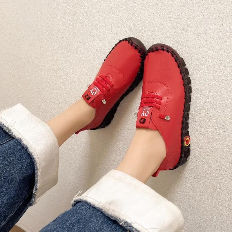 Women's Sneakers Wear Resistant  Spring New Casual Comfortable Platform Loafers Lace-Up Leather Flats Slip-On Ladies Shoes