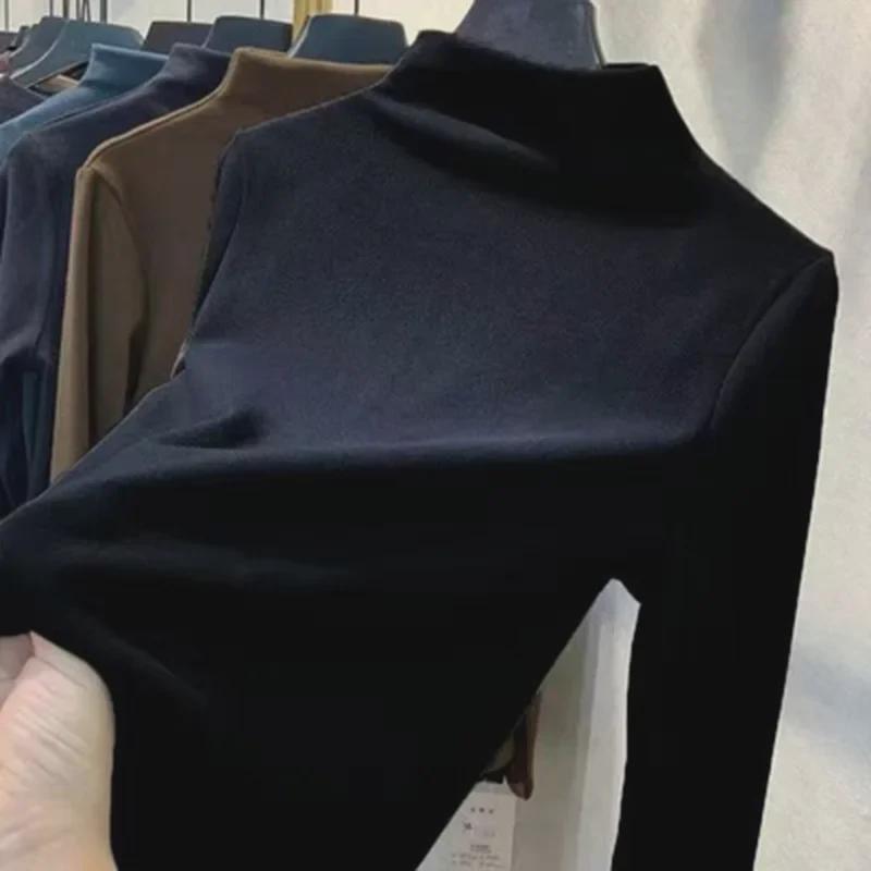 Double-Sided Velvet Half-High Collar Long-Sleeve Women's Warm Shirt for Autumn/Winter