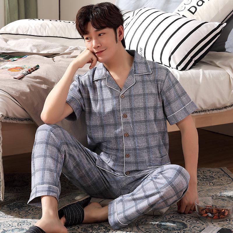 Men's Summer Cotton Pajama Set: Short Sleeve, Long Pants, Plus Size, Loose, Casual, Thin Cardigan Homewear.