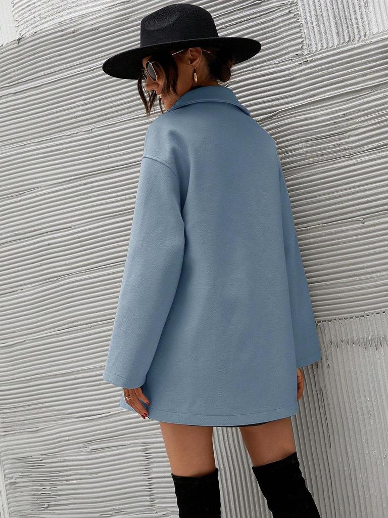 Women's Autumn Wool Overcoat with Turn-Down Collar and Drop Shoulder Design