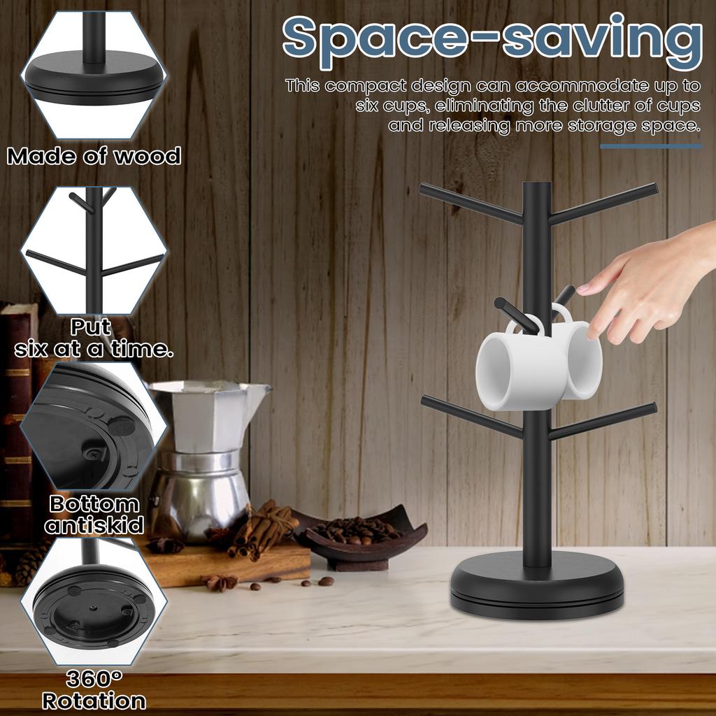 360° Rotated Wood Mug Holder Coffee Cup Tea Cup Organizer Stand 6-Hook Kitchen Countertop Coffee Bar Accessory