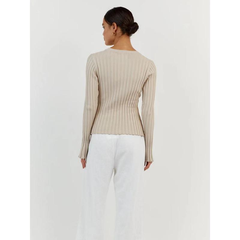 Women's Crewneck Knitted Sweater, Long Sleeve Pitted Stripe Base Layer, Solid Color Tight Autumn and Winter Top
