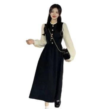 Autumn New Celebrity Temperament Design Sense Hepburn Style Long Skirt French Bubble Long Sleeve Dress Women's Clothing