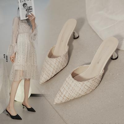 In the Summer of 2025, the New Baotou Korean Version of Cool Slippers, High-heeled Plaid, Fashionable Thin-heeled Pointed Women's Drag