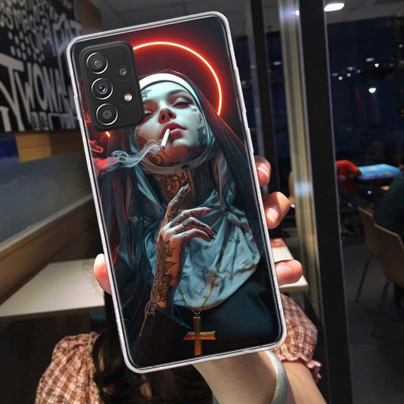 Dunkle Nonne Handyhülle für Samsung A54 A57 A37 A17 A14 A15 A12 A24 A34 A55 A35 A25 A52S A07 A05S A04S A22 A32 A72 Galaxy Note 20 10