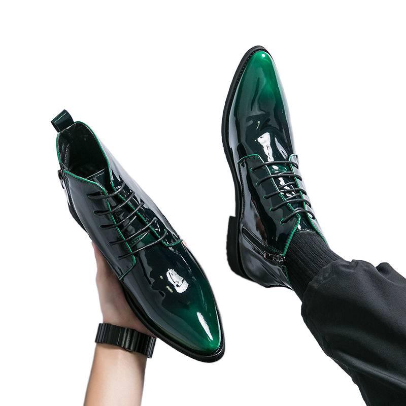 Men's Green Glossy High-Top Martin Boots - British Style Pointed Toe Chelsea Boots, Autumn Korean Trend.