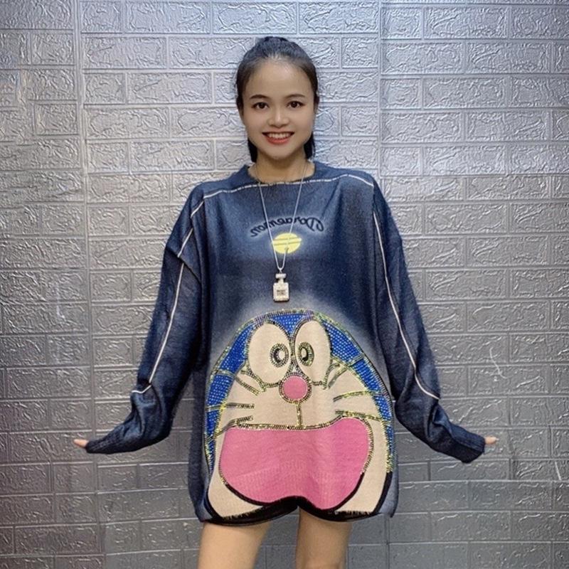 European Heavy-Duty Rhinestone Autumn Doraemon Midi Sweater for Women