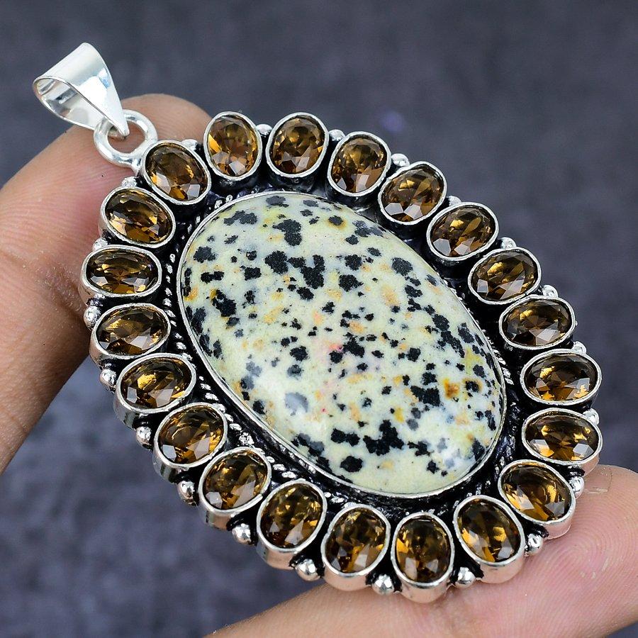 Natural Dalmation Jasper, Topaz 925 Sterling Silver Jewelry Pendant 2.76" ETC-13781