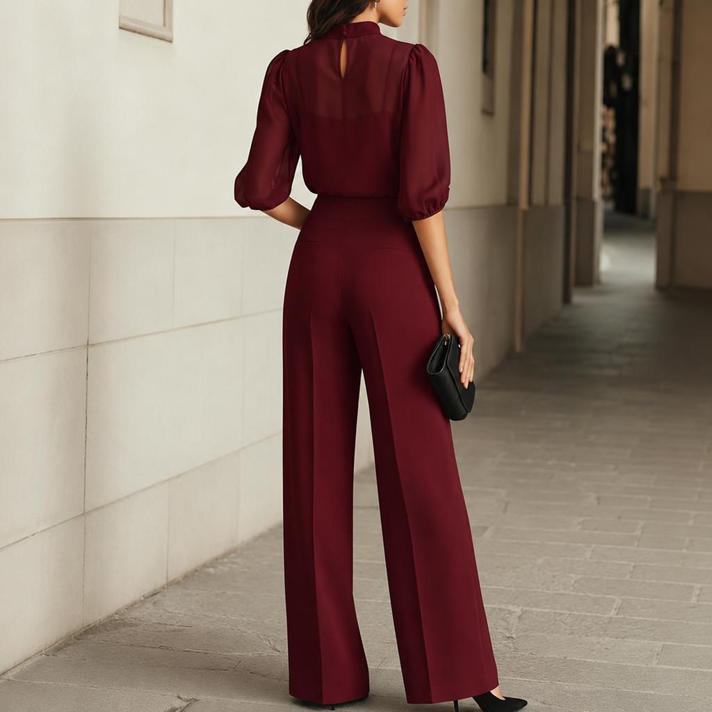 Completo 3 Pezzi da Donna con Pantaloni a Gamba Larga a Manica Corta