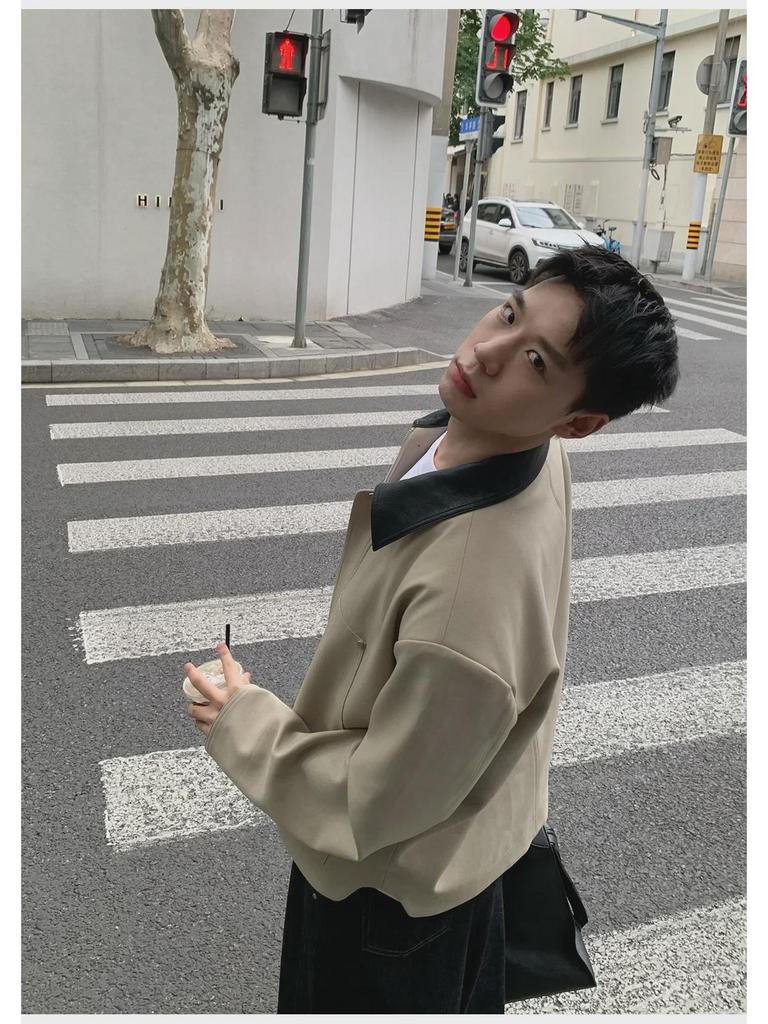 Korean Style Men's Contrast Lapel Leather Jacket - Autumn Short, Loose Fit with Padded Shoulders