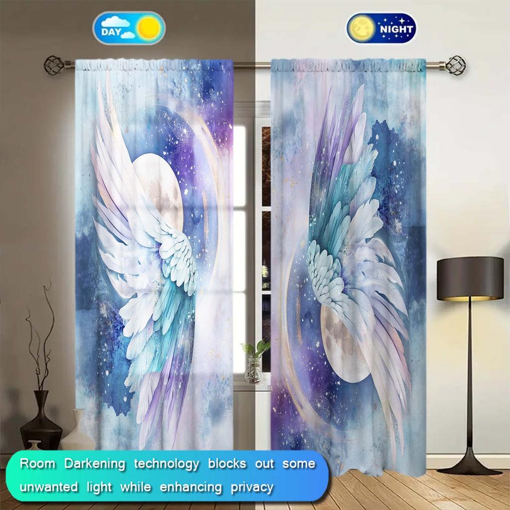 2-Panels The Moon and Dreamy Wings Printed Curtains   Semi Blackout Curtains with Pole Pockets   Suitable for Artistic Home