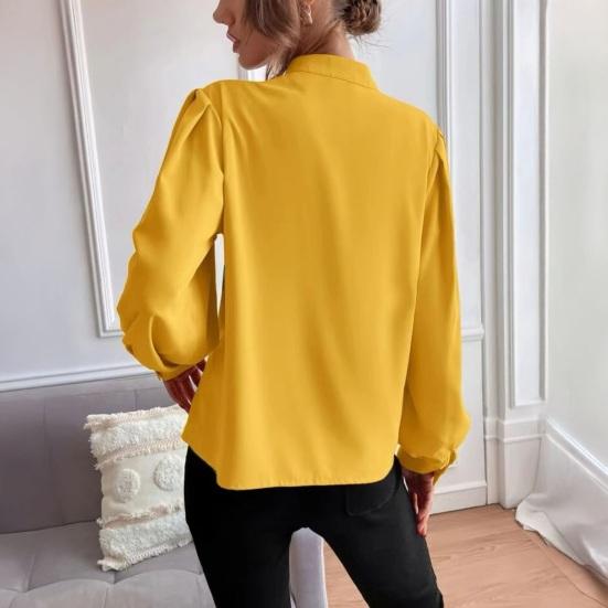 Women Shirt Stand Collar Puff Long Sleeve Buttons Placket Shirt Tops Pure Color Loose