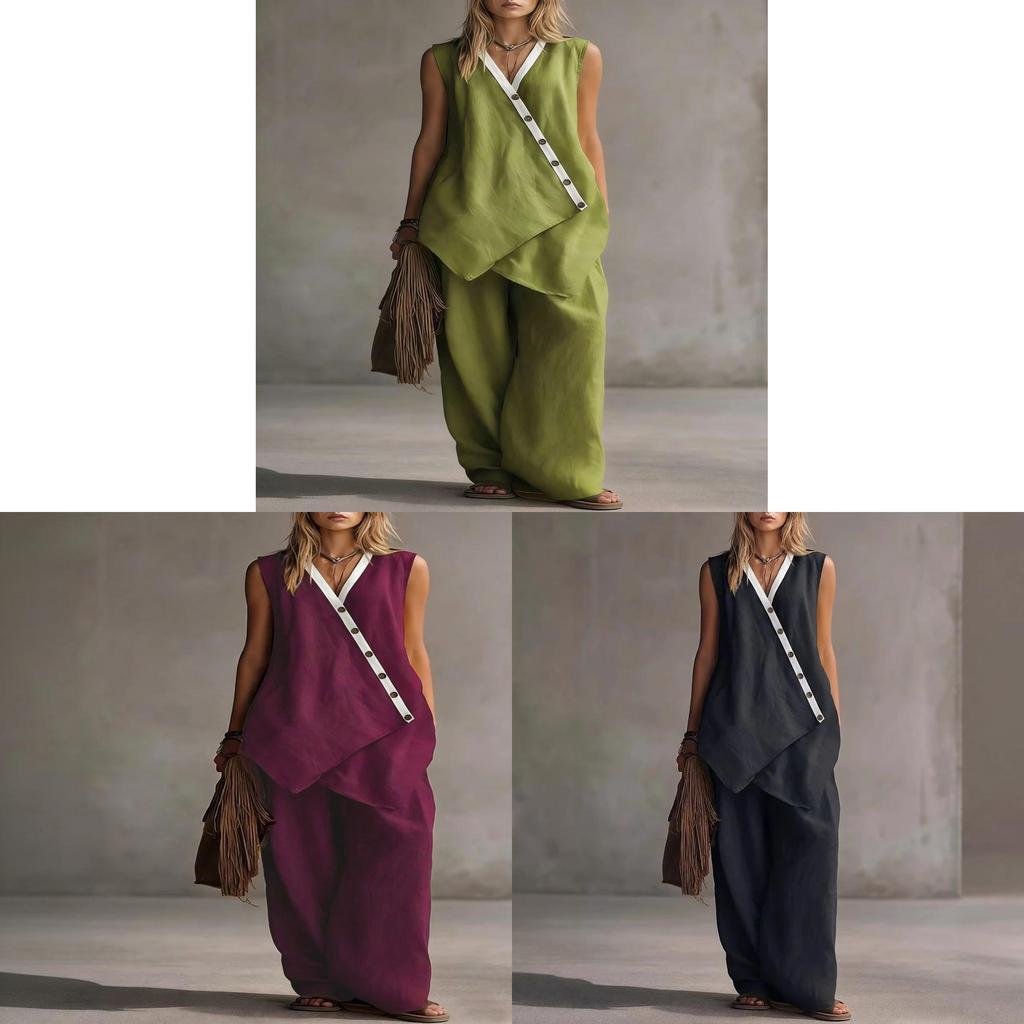 Bohemian Style Sleeveless Cotton Vest And Wideleg Pants Casual Set For Women Spring Summer