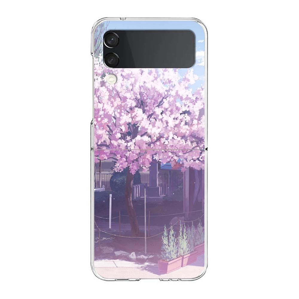 Cherry Blossoms Japanese Traint Moun For Samsung Galaxy Z Flip 3 4 5 Hard Folding Clear PC Phone Case For Samsung Z Flip3 Cover