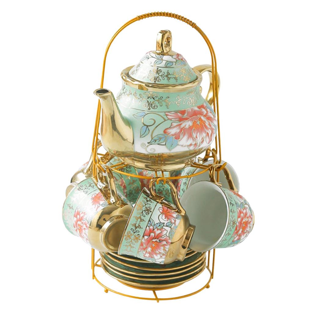 6 Pieces Ceramic Tea Set Cups Saucers Teapot Plates Handmade Floral Pattern Vintage Style Porcelain