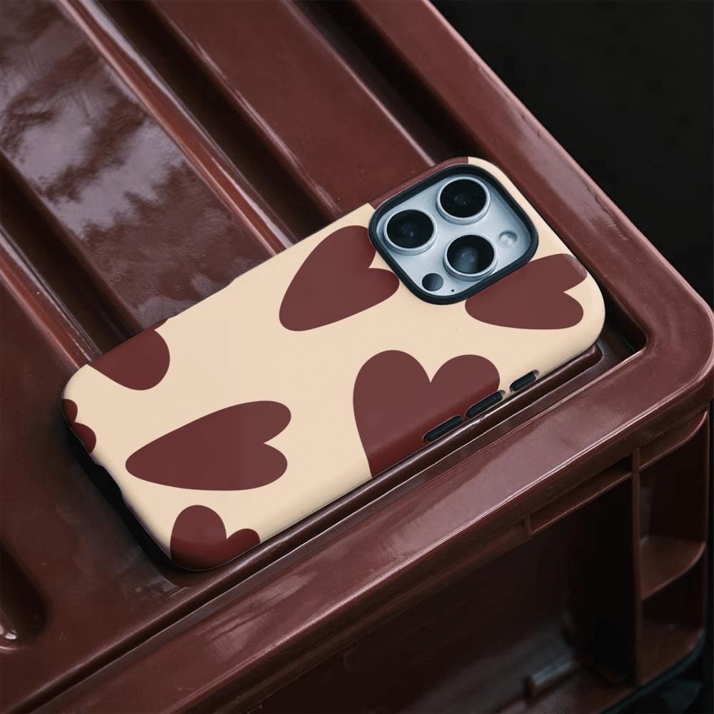 Red Brown Heart-shaped Fashionable Phone Case Suitable for iPhone17, 16, 15, 14,13Pro/Max/Plus Anti Drop Double-layer Back Cover