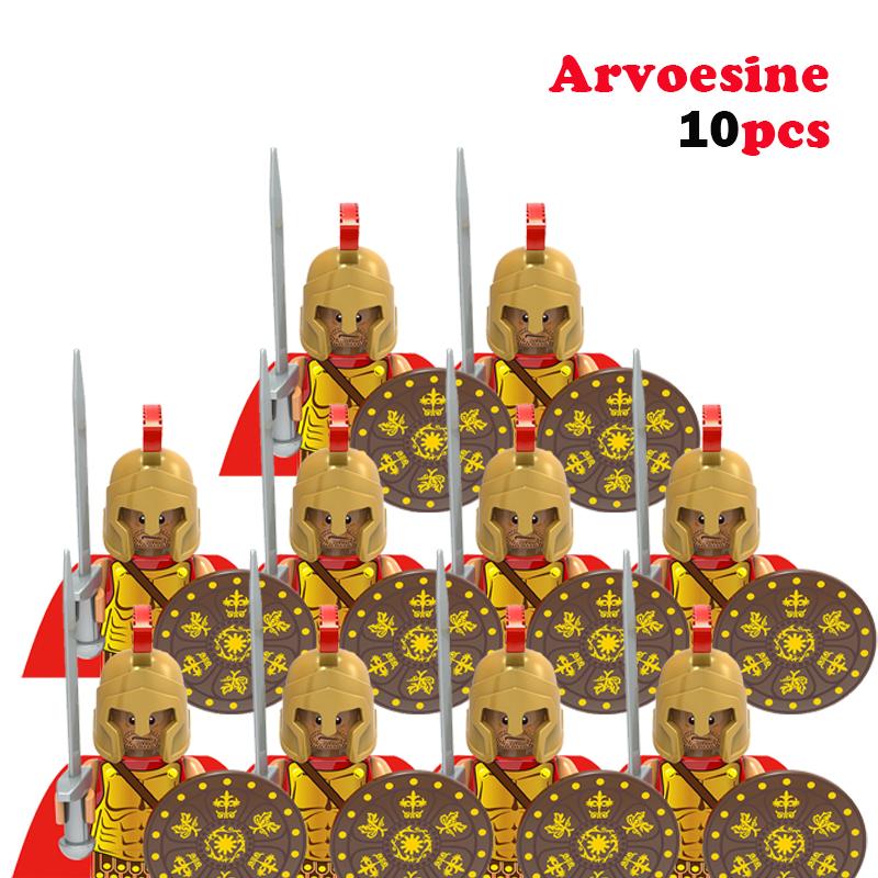 10 st MOC Medeltida Slott Riddare Rom Soldater Byggklossar Militär Forntida Egypten Mumiefigurer Krigare Vakt Vapen Kloss