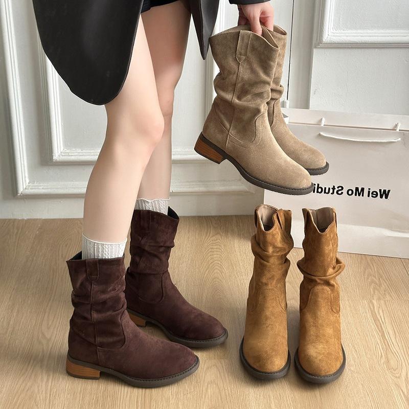 Vintage pleated new western rad mid-heel short boots women's beauty autumn thick heel fashion round head stacking boots
