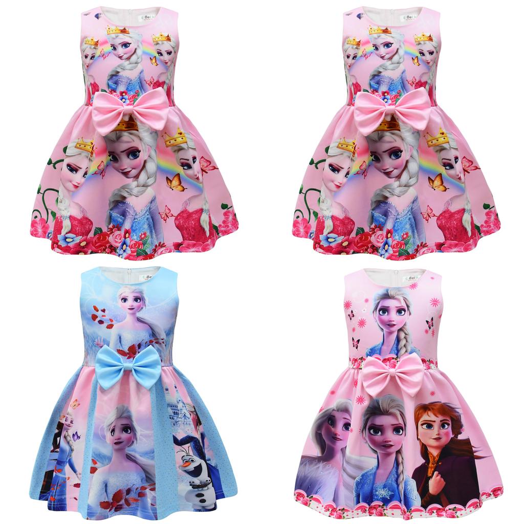 Frozen Elsa Cartoon Girl Dress With Cotton Blend Fabric For Summer Play