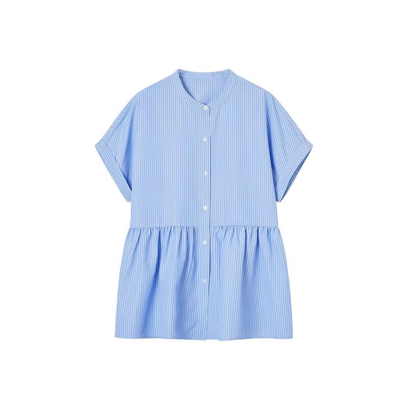 Demana Women's Striped Stand Collar Short Sleeve Commuter Shirt