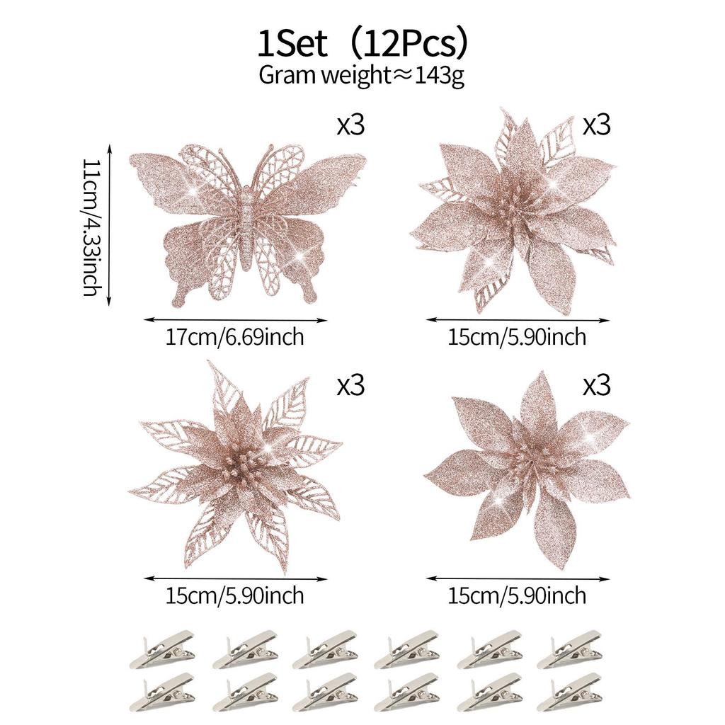 Champagne Gold Butterfly Poinsettia Glitter Flowers, 12-Piece Christmas Tree & Wreath Decoration Set
