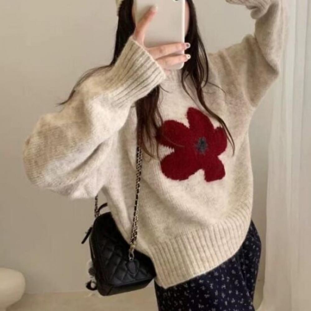Navava Long Sleeve Knit Sweater With Warm Flower Point Round Neck Nk3431