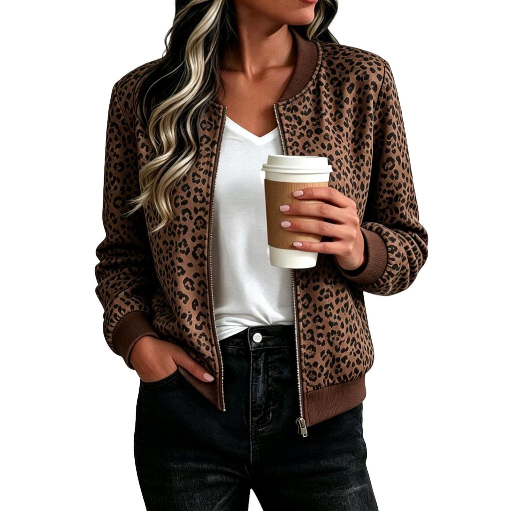 Women's Loose Fit Casual Zip-Up Jacket, Fashion Printed Short Coat for Fall and Winter