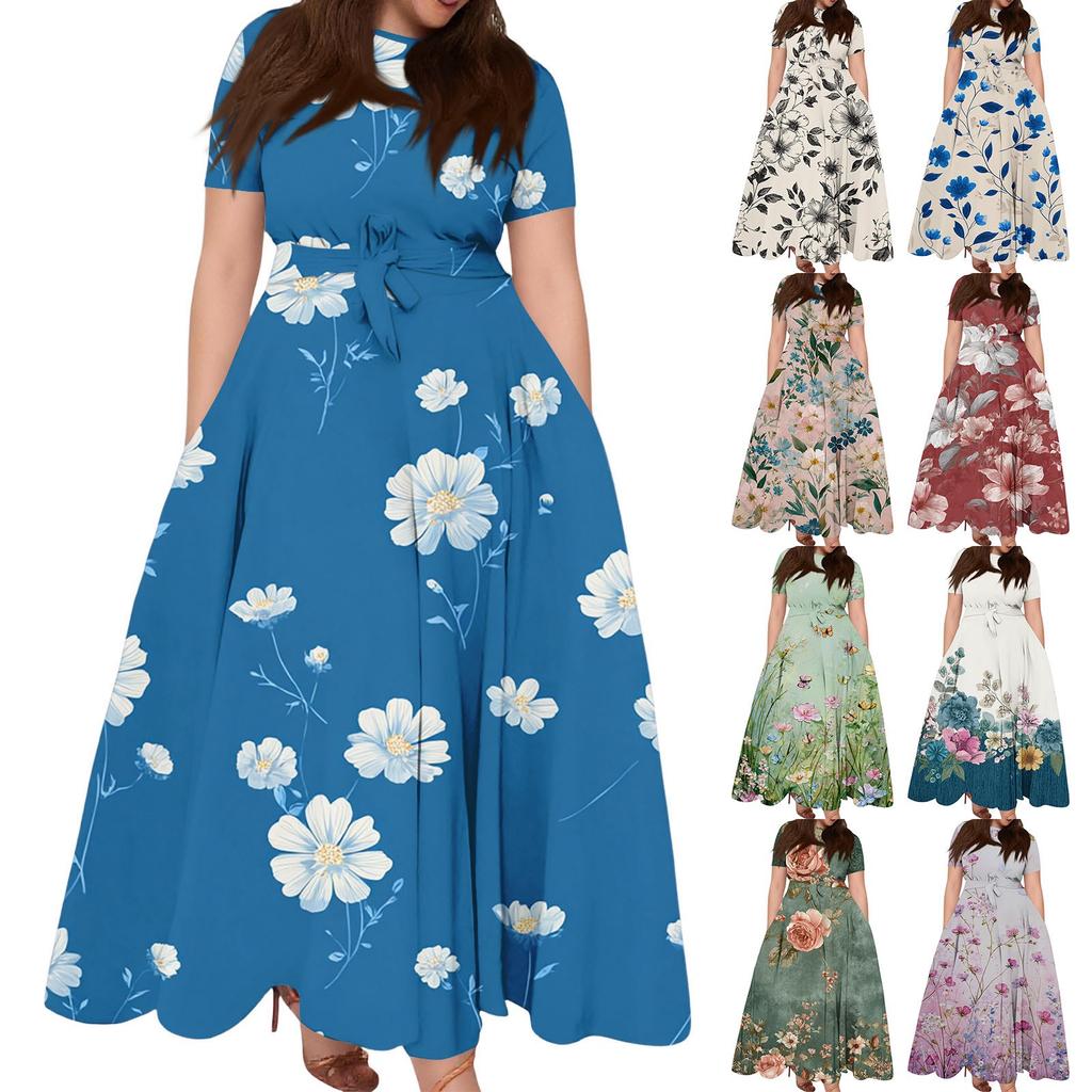 Abito Casual da Donna Taglie Forti Stampa Floreale Retro Girocollo Manica Corta Tasca Cintura Cravatta