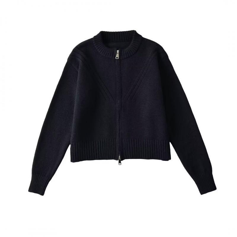 Womens Short Cropped Knit Cardigan With Zipper Round Neck Casual Streetwear Sweater