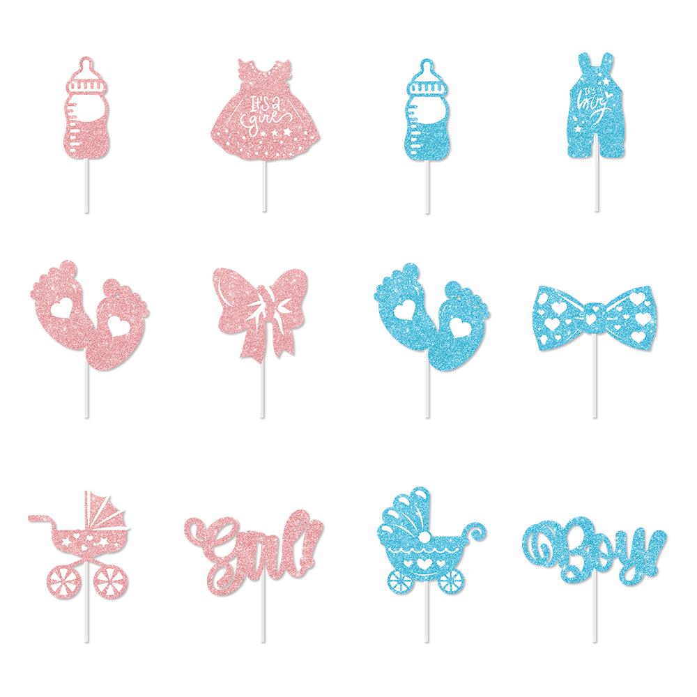 12/24pcs Boy or Girl Cupcake Toppers Glitter Feet Onesie Dress Gender Reveal cake picks Cake Decoration Baby Shower kid birthday