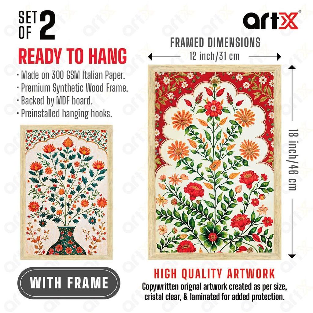 ArtX Paper Floral Art Paintings with Frame for Home Decor, Madhubani Wall
