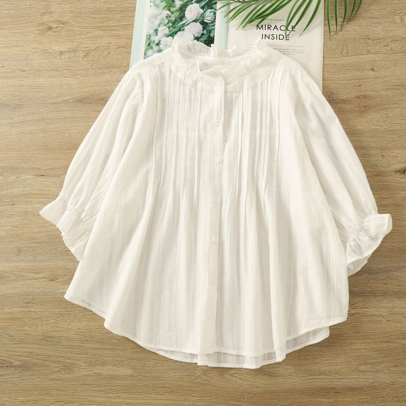 

Korean Series Fresh Sweet Bubble Half Sleeve Shirts Women Summer Lightweight Wooden Ear Shirt Loose All-Match Artistic Top White One size