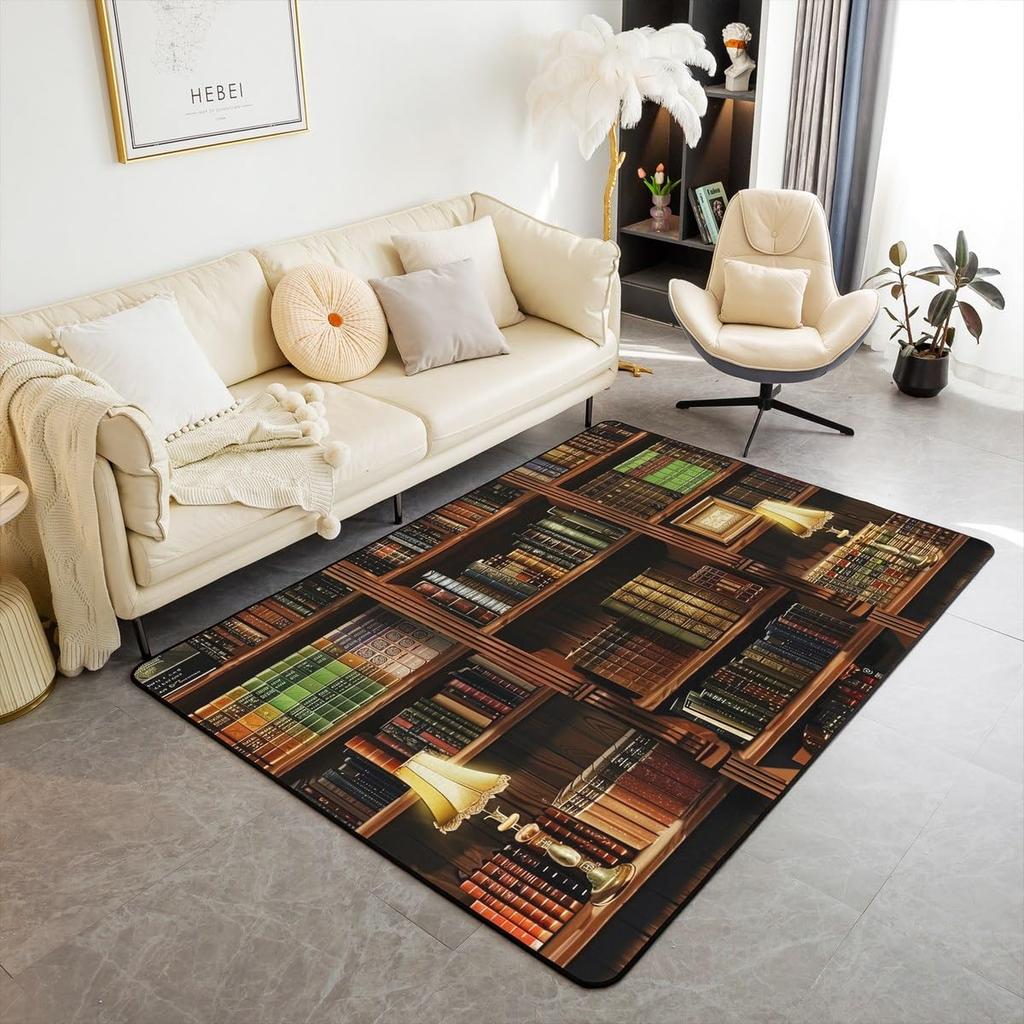 Bookshelf Area Rug for Teen Study Room Decor Library Book Print Carpet Vintage Bookshelf Living Room Doormat Bookcase Floor Mat