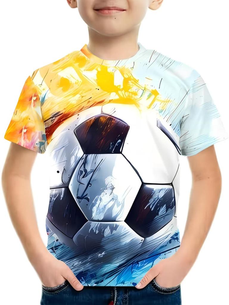 67 Digital Football Print Children's T-Shirt Boys Girls Fashion Casual Comfortable Round Neck Short-Sleeved T-Shirt Sporty Top